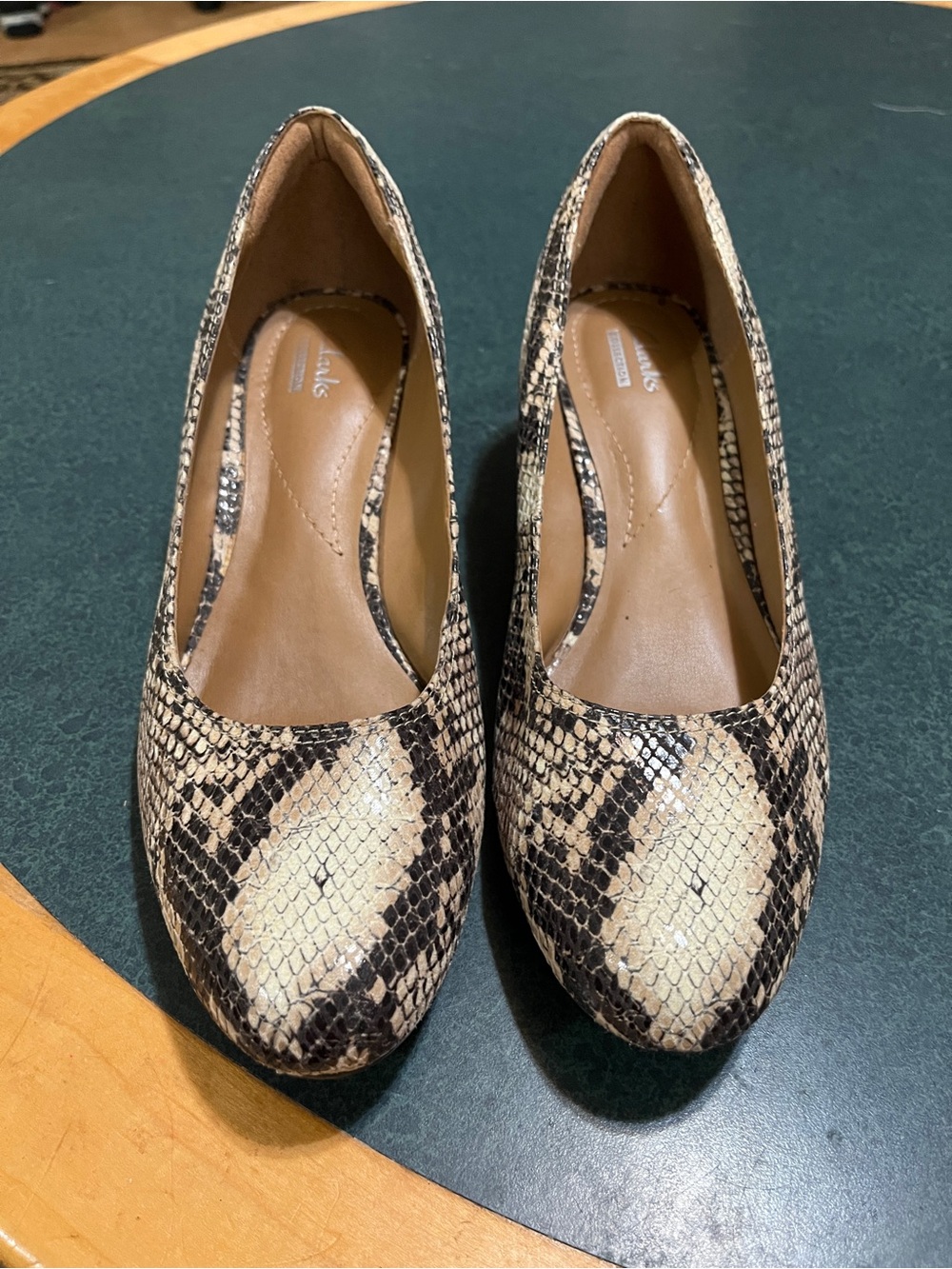 Clarks Snake-Print Ballet Flats in Beige and Black 9.5